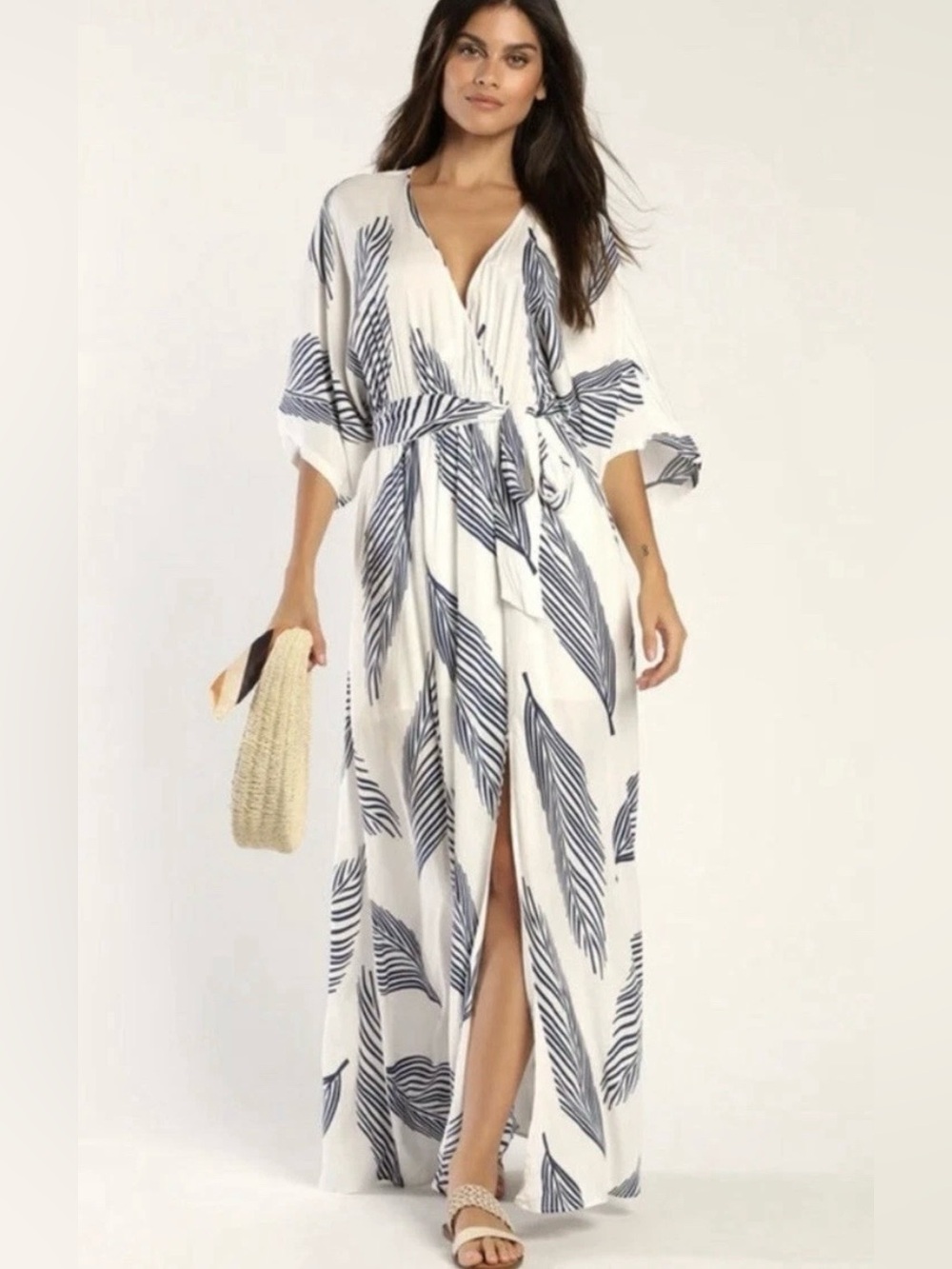 Lulus Sign of Times Women's White Long Leaf Print Maxi Dress, Large